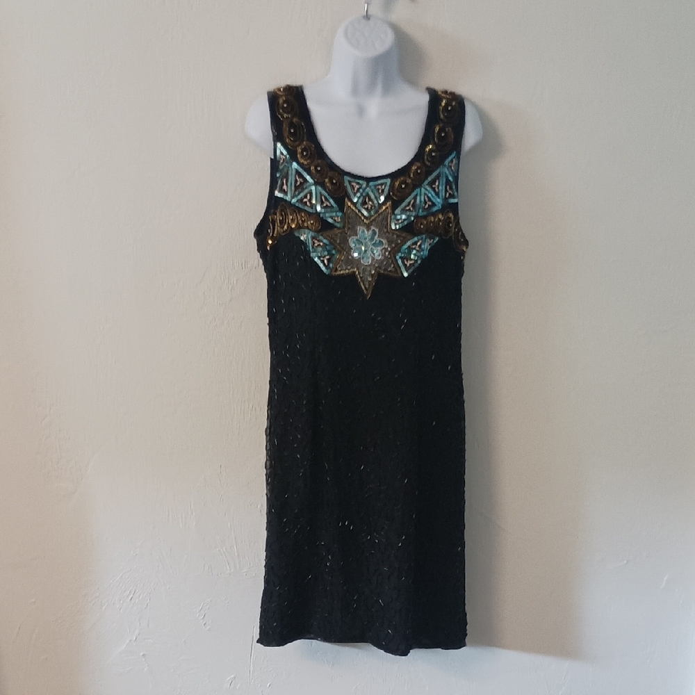 Embellished Black Dress with Blue Accents